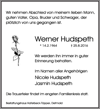 Anzeige  Werner Hudspeth  Lippische Landes-Zeitung