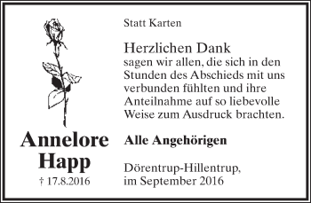 Anzeige  Annelore Happ  Lippische Landes-Zeitung