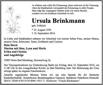 Anzeige  Ursula Brinkmann  Lippische Landes-Zeitung