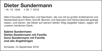 Anzeige  Dieter Sundermann  Lippische Landes-Zeitung