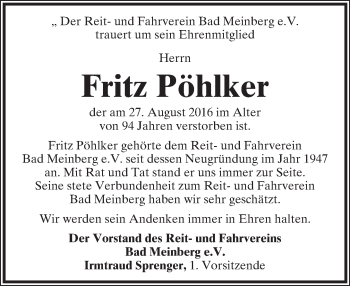 Anzeige  Fritz Pöhlker  Lippische Landes-Zeitung