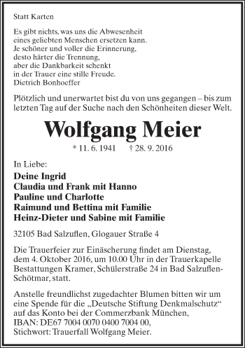 Anzeige  Wolfgang Meier  Lippische Landes-Zeitung
