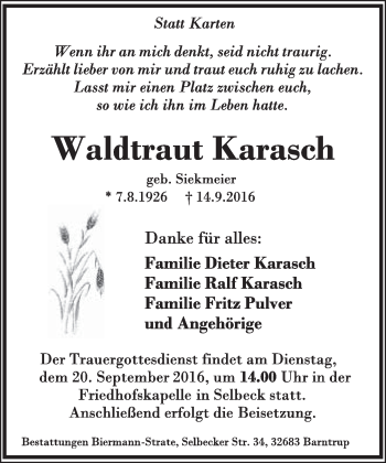 Anzeige  Waldtraut Karasch  Lippische Landes-Zeitung