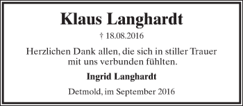 Anzeige  Klaus Langhardt  Lippische Landes-Zeitung
