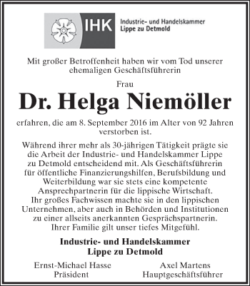 Anzeige  Helga Niemöller  Lippische Landes-Zeitung