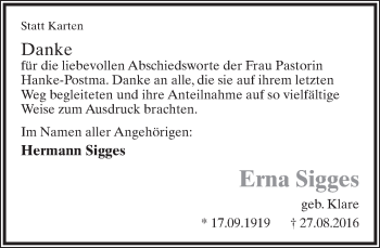 Anzeige  Erna Sigges  Lippische Landes-Zeitung