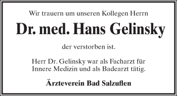 Anzeige  Hans Gelinsky  Lippische Landes-Zeitung