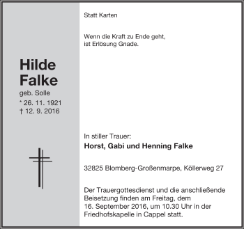 Anzeige  Hilde Falke  Lippische Landes-Zeitung