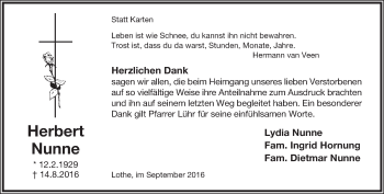 Anzeige  Herbert Nunne  Lippische Landes-Zeitung