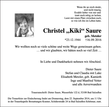Anzeige  Christel Saure  Lippische Landes-Zeitung