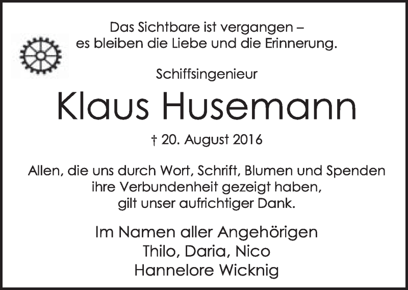  Traueranzeige für Klaus Husemann vom 24.09.2016 aus Lippische Landes-Zeitung