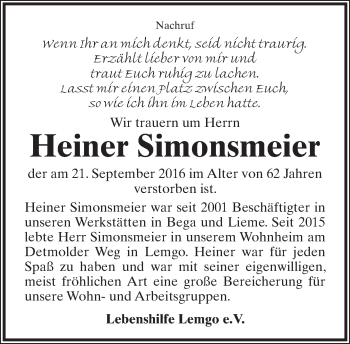 Anzeige  Heiner Simonsmeier  Lippische Landes-Zeitung