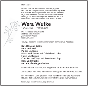 Anzeige  Wera Wutke  Lippische Landes-Zeitung