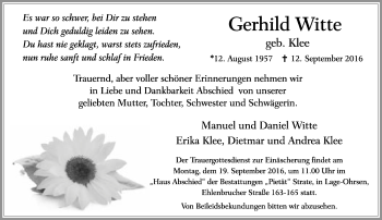 Anzeige  Gerhild Witte  Lippische Landes-Zeitung