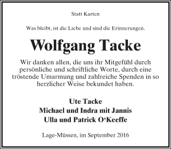 Anzeige  Wolfgang Tacke  Lippische Landes-Zeitung