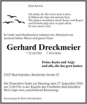 Anzeige  Gerhard Dreckmeier  Lippische Landes-Zeitung