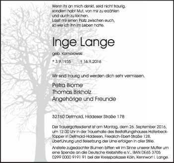 Anzeige  Inge Lange  Lippische Landes-Zeitung
