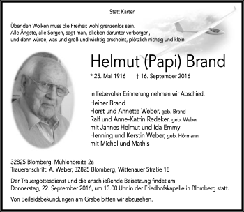 Anzeige  Helmut Brand  Lippische Landes-Zeitung