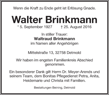 Anzeige  Walter Brinkmann  Lippische Landes-Zeitung