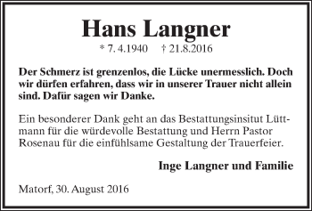 Anzeige  Hans Langner  Lippische Landes-Zeitung