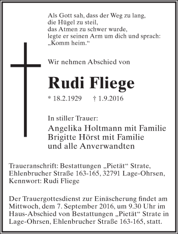 Anzeige  Rudi Fliege  Lippische Landes-Zeitung