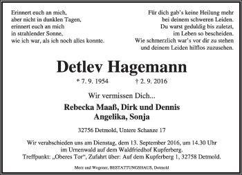 Anzeige  Detlev Hagemann  Lippische Landes-Zeitung