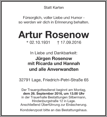 Anzeige  Artur Rosenow  Lippische Landes-Zeitung