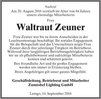 Anzeige  Waltraut Zeuner  Lippische Landes-Zeitung