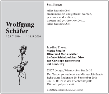 Anzeige  Wolfgang Schäfer  Lippische Landes-Zeitung