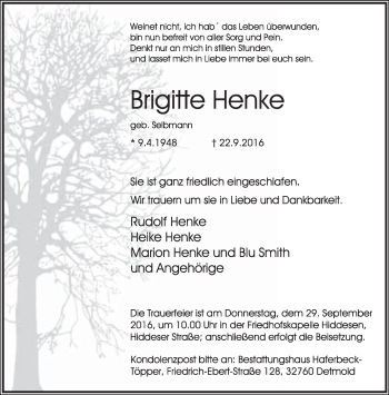 Anzeige  Brigitte Henke  Lippische Landes-Zeitung