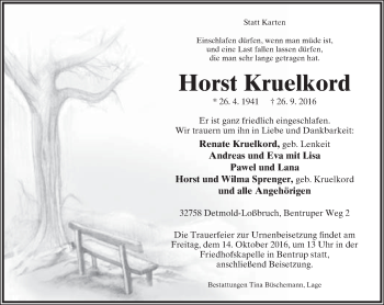Anzeige  Horst Kruelkord  Lippische Landes-Zeitung