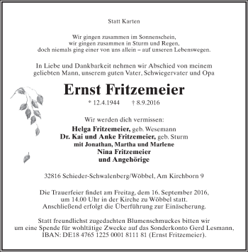 Anzeige  Ernst Fritzemeier  Lippische Landes-Zeitung