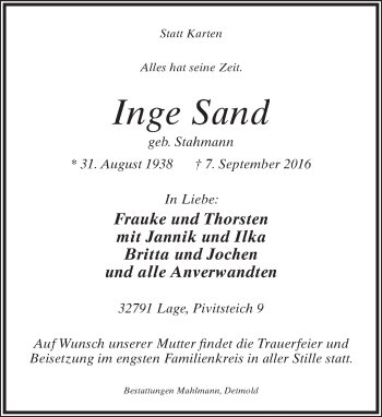 Anzeige  Inge Sand  Lippische Landes-Zeitung