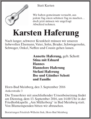 Anzeige  Karsten Haferung  Lippische Landes-Zeitung