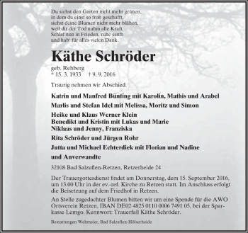 Anzeige  Käthe Schröder  Lippische Landes-Zeitung