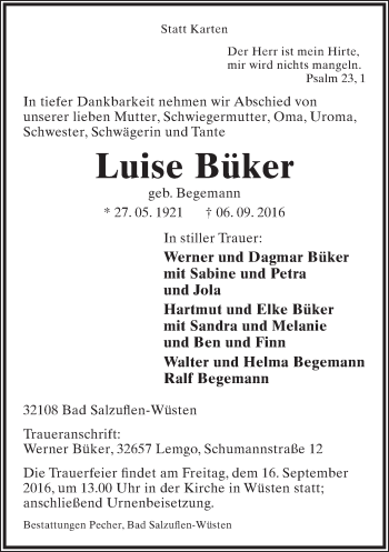 Anzeige  Luise Büker  Lippische Landes-Zeitung