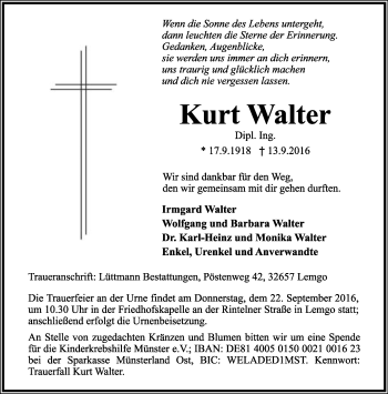 Anzeige  Kurt Walter  Lippische Landes-Zeitung