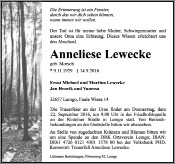 Anzeige  Anneliese Lewecke  Lippische Landes-Zeitung