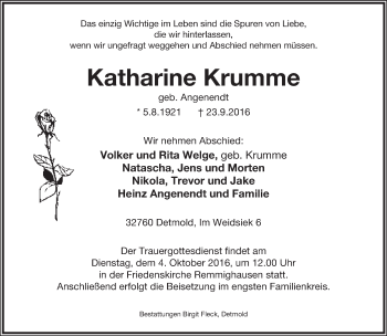 Anzeige  Katharine Krumme  Lippische Landes-Zeitung