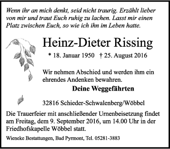 Anzeige  Heinz-Dieter Rissing  Lippische Landes-Zeitung