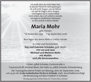 Anzeige  Maria Mohr  Lippische Landes-Zeitung