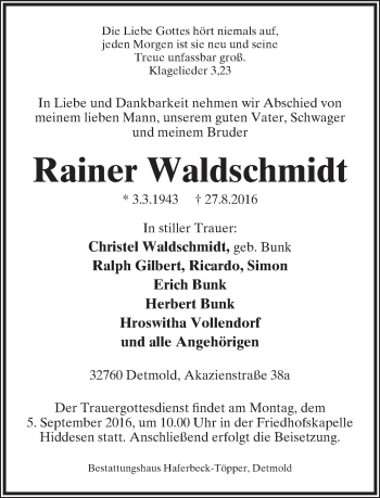 Anzeige  Rainer Waldschmidt  Lippische Landes-Zeitung