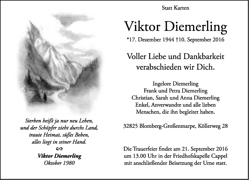  Traueranzeige für Viktor Diemerling vom 17.09.2016 aus Lippische Landes-Zeitung