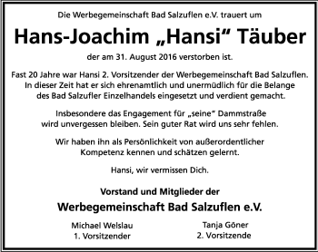 Anzeige  Hans-Joachim Täuber  Lippische Landes-Zeitung