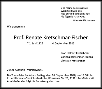 Anzeige  Renate Kretschmar-Fischer  Lippische Landes-Zeitung