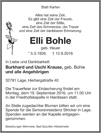 Anzeige  Elli Bohle  Lippische Landes-Zeitung