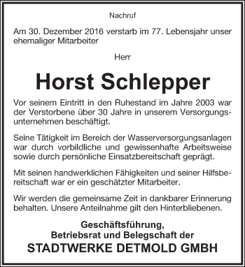Anzeige  Horst Schlepper  Lippische Landes-Zeitung