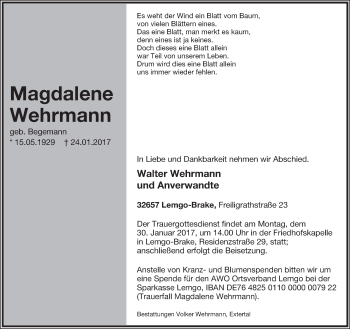 Anzeige  Magdalene Wehrmann  Lippische Landes-Zeitung