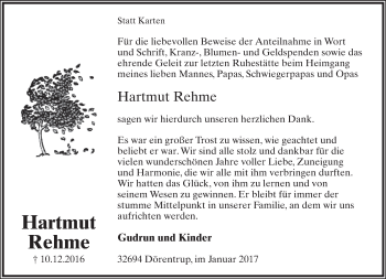 Anzeige  Hartmut Rehme  Lippische Landes-Zeitung