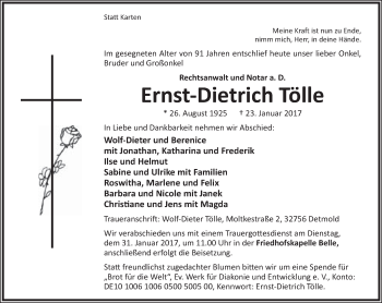 Anzeige  Ernst-Dietrich Tölle  Lippische Landes-Zeitung